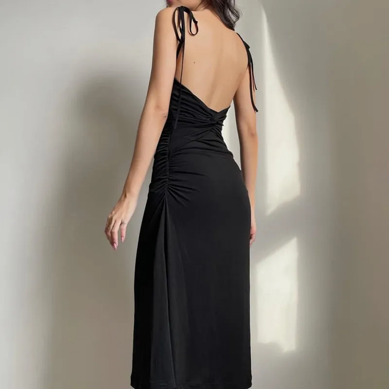 Strappy Ruched Black Irregular Elegant Backless Long Dress Party Summer Dress