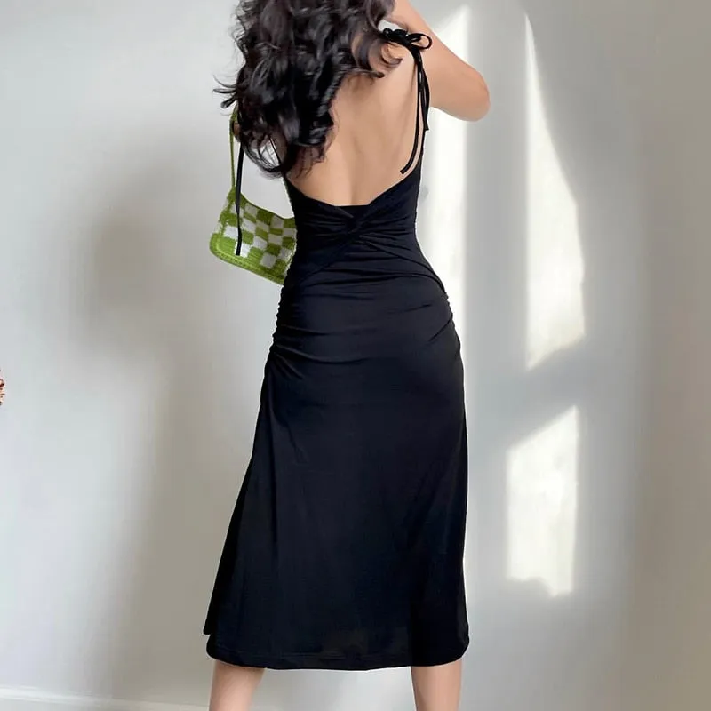 Strappy Ruched Black Irregular Elegant Backless Long Dress Party Summer Dress