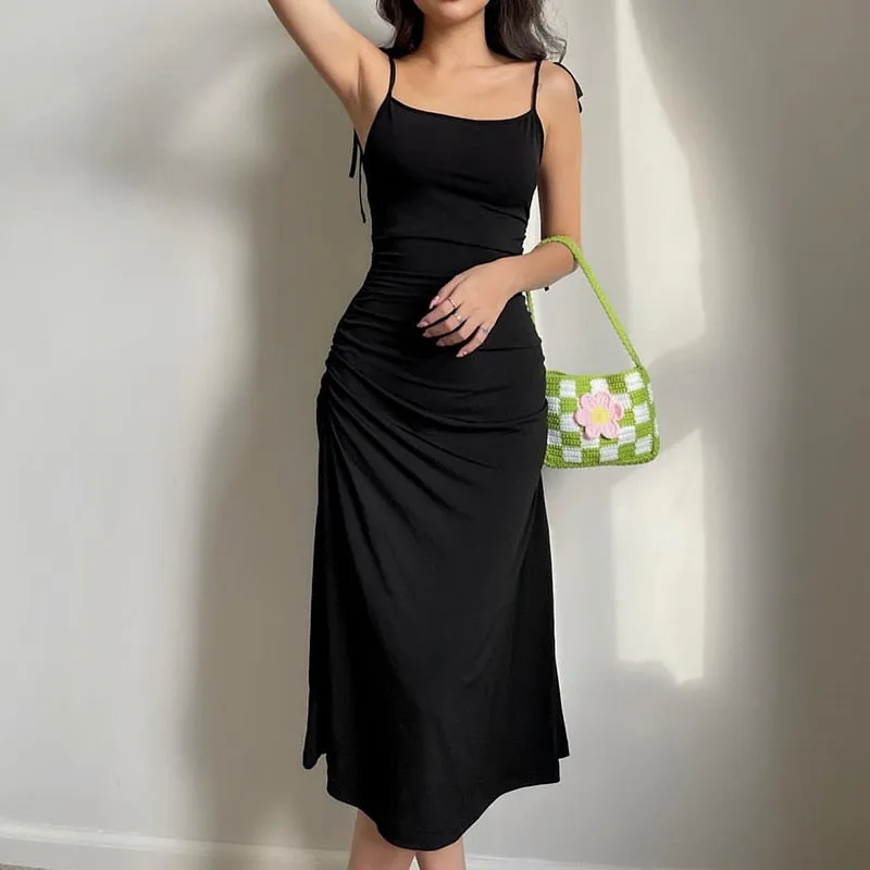 Strappy Ruched Black Irregular Elegant Backless Long Dress Party Summer Dress