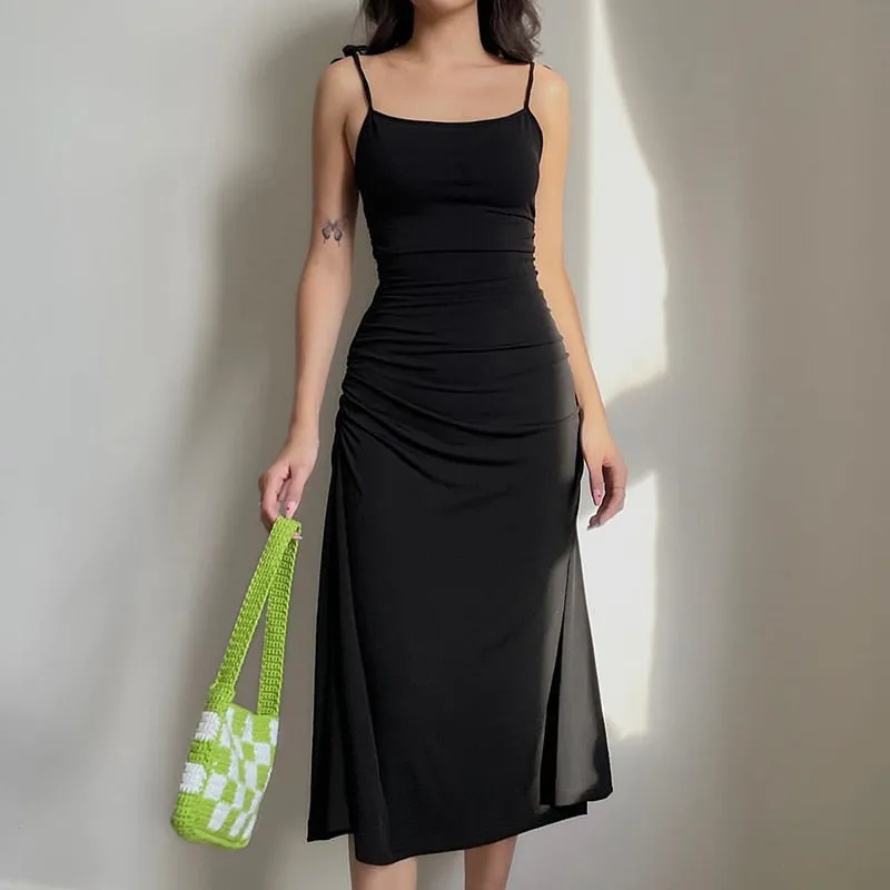 Strappy Ruched Black Irregular Elegant Backless Long Dress Party Summer Dress