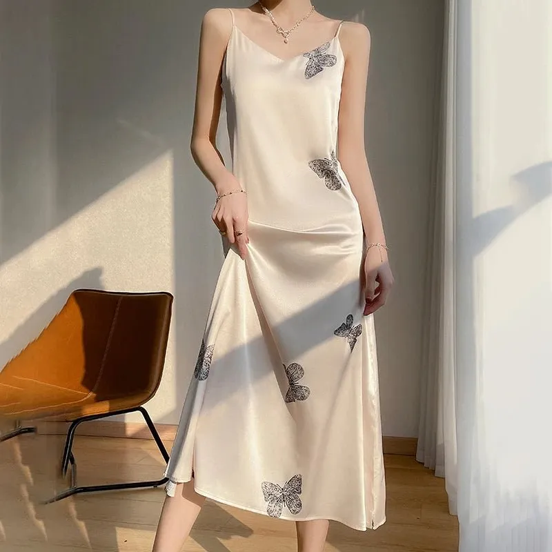 Summer Sling Skirt Silk Vest Satin Dress Ladies Sleeveless Outer Wear Thin French Suit Inside New Mulberry Silk Base Long Skirt