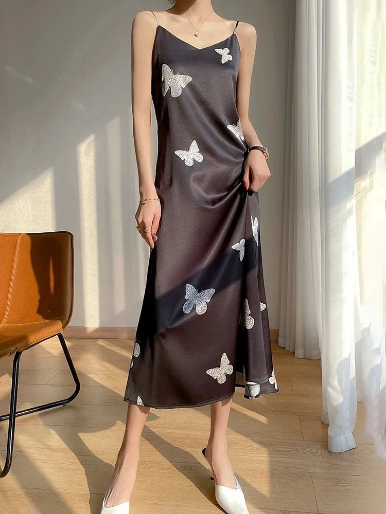 Summer Sling Skirt Silk Vest Satin Dress Ladies Sleeveless Outer Wear Thin French Suit Inside New Mulberry Silk Base Long Skirt