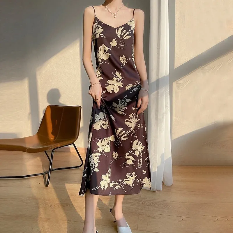 Summer Sling Skirt Silk Vest Satin Dress Ladies Sleeveless Outer Wear Thin French Suit Inside New Mulberry Silk Base Long Skirt