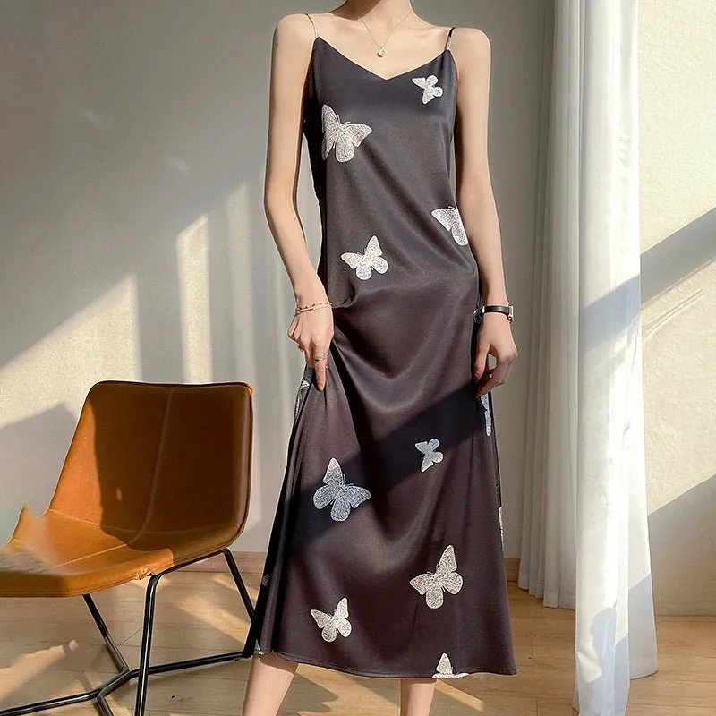 Summer Sling Skirt Silk Vest Satin Dress Ladies Sleeveless Outer Wear Thin French Suit Inside New Mulberry Silk Base Long Skirt