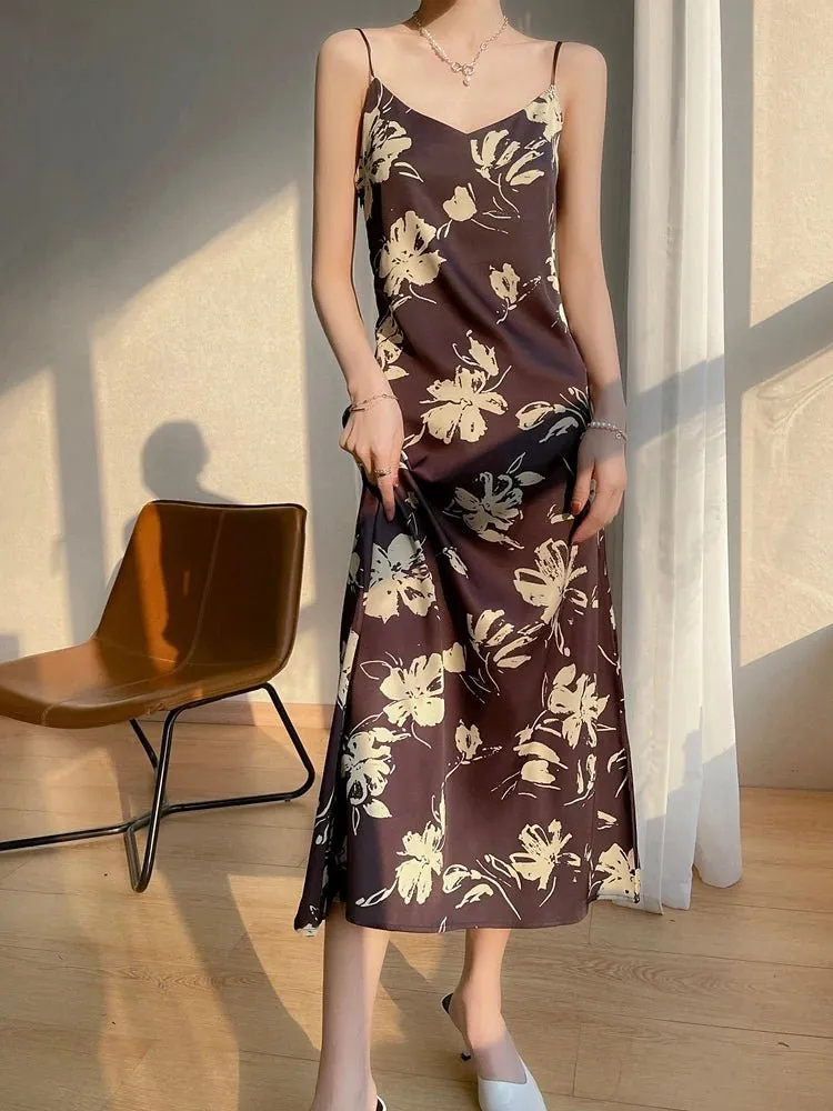 Summer Sling Skirt Silk Vest Satin Dress Ladies Sleeveless Outer Wear Thin French Suit Inside New Mulberry Silk Base Long Skirt