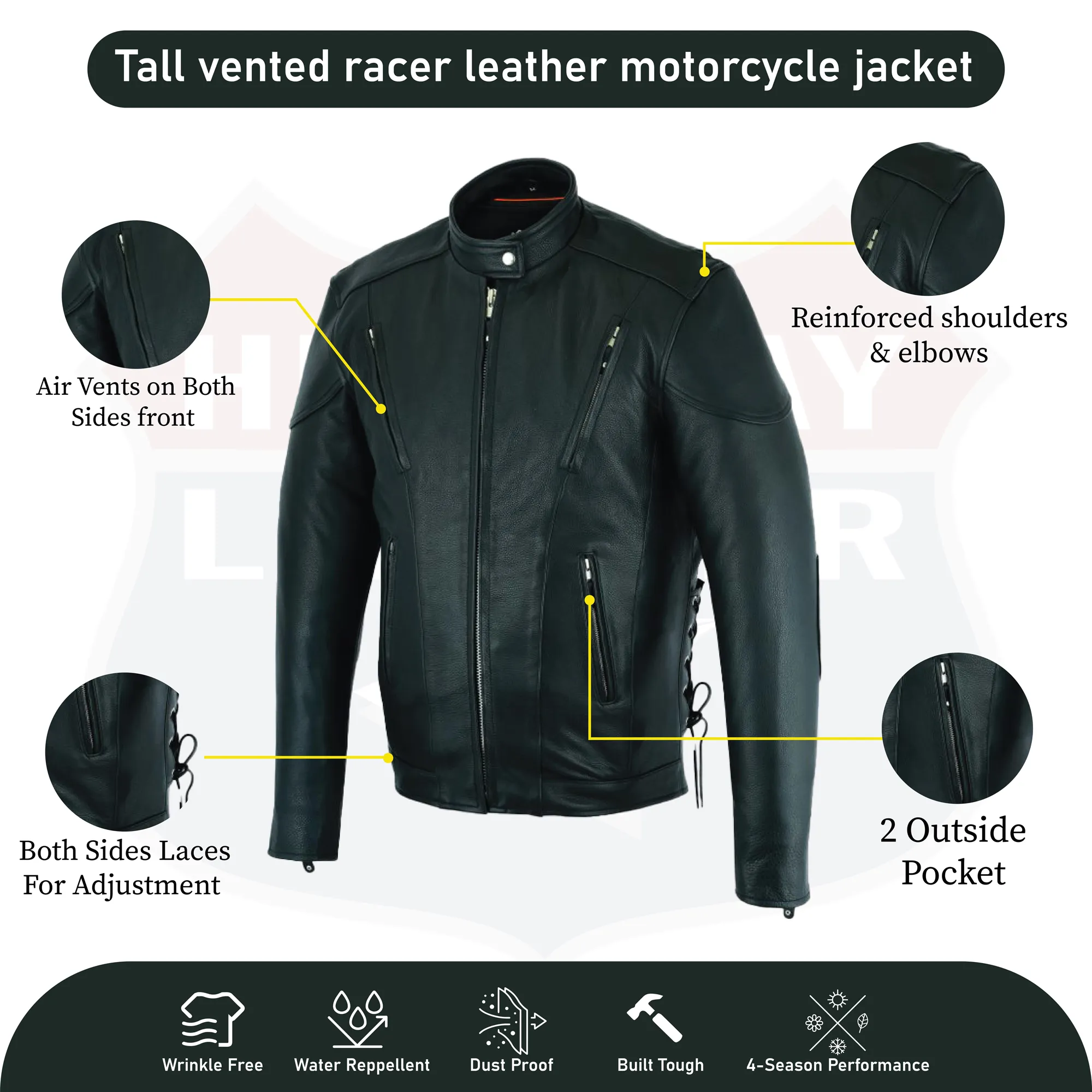 Tall vented racer leather motorcycle jacket- (longer sleeve & back   length)