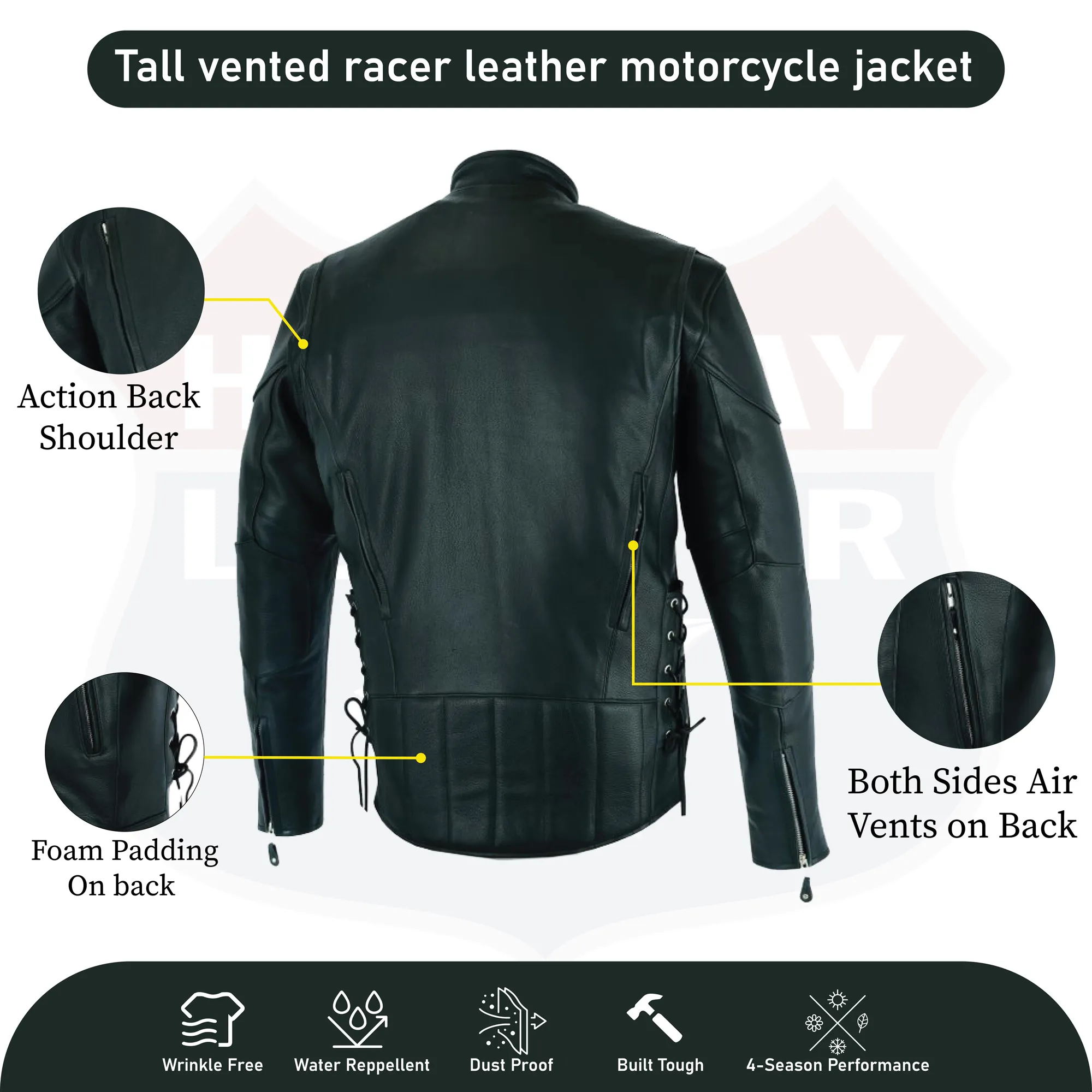 Tall vented racer leather motorcycle jacket- (longer sleeve & back   length)