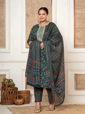 Teal Blue Cotton Printed Embroidered Plus Size Kurta Dupatta Set