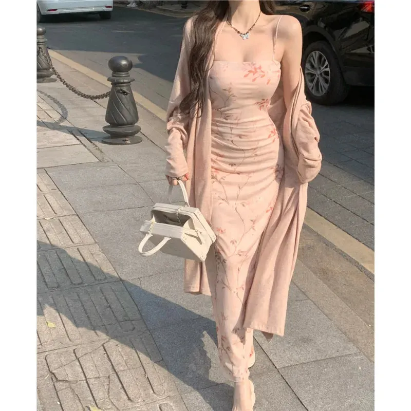 Territory 2024 Summer New Korean Floral Printed Sexy Slim Sling Dress Women   Loose Casual Long-sleeved Cardigan Two-piece Suit