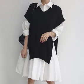 Toleet 2000s fashion Spring 2024 Korean Style Drop-Shoulder Lantern Sleeve Stitching Large Skirt Shirt Dress   Knitted Vest