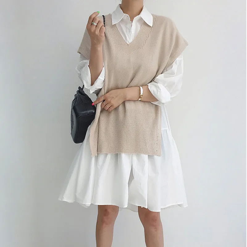 Toleet 2000s fashion Spring 2024 Korean Style Drop-Shoulder Lantern Sleeve Stitching Large Skirt Shirt Dress   Knitted Vest