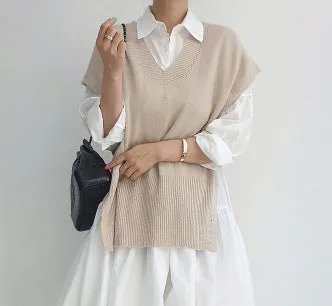 Toleet 2000s fashion Spring 2024 Korean Style Drop-Shoulder Lantern Sleeve Stitching Large Skirt Shirt Dress   Knitted Vest