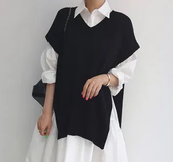 Toleet 2000s fashion Spring 2024 Korean Style Drop-Shoulder Lantern Sleeve Stitching Large Skirt Shirt Dress   Knitted Vest