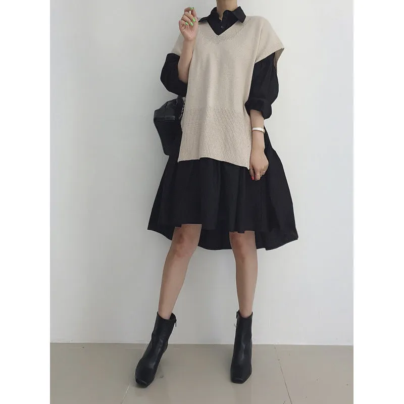 Toleet 2000s fashion Spring 2024 Korean Style Drop-Shoulder Lantern Sleeve Stitching Large Skirt Shirt Dress   Knitted Vest