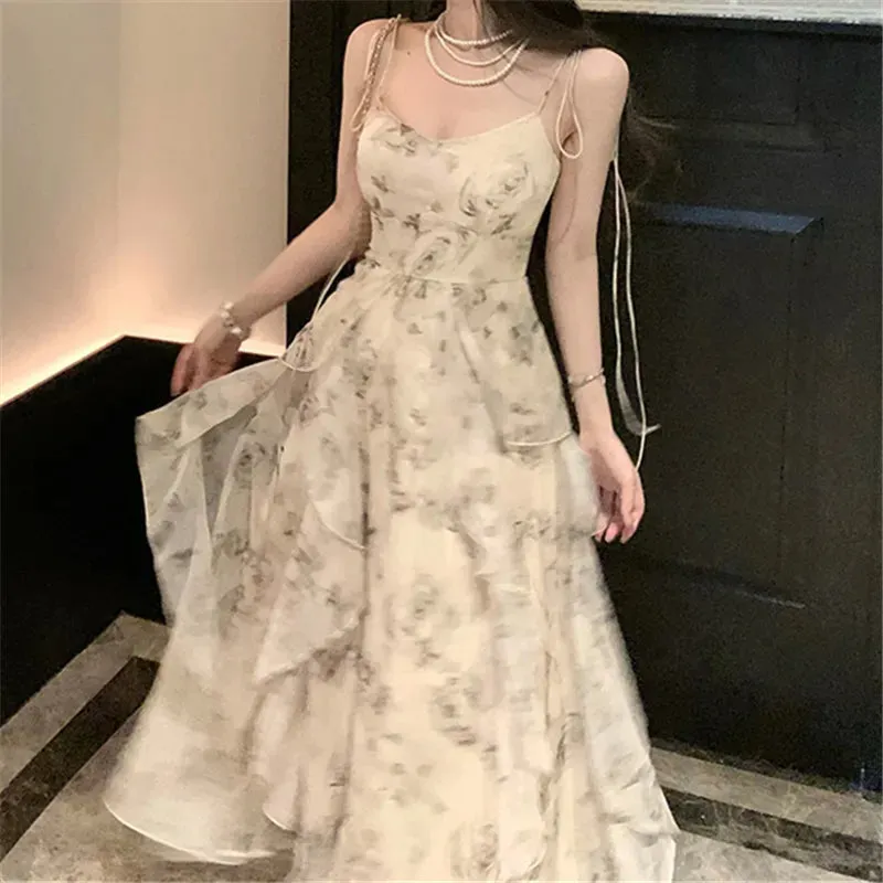 Toleet-Vintage Shivering Print Dress for Women Sling Sleeveless Slim Flounce Chiffon Casual Korean Long Dresses Female Clothing Summer