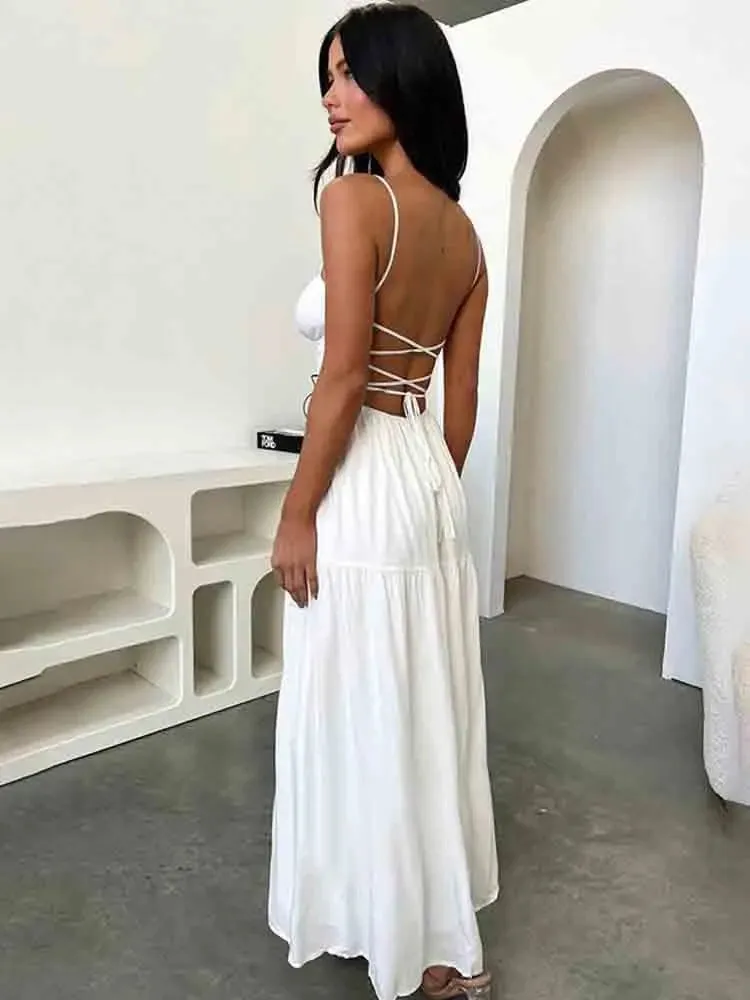 Toleet-White Lace Up Backless Sexy Dress Women 2024 Robe Elegant Evening Party Dress Bodycon Summer Long Dress Vestidos