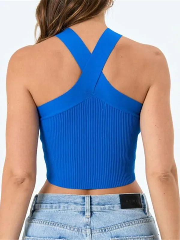 Toleet-Winter outfits New style cross hanging neck strap small vest knitted backless bandage tube top sweater