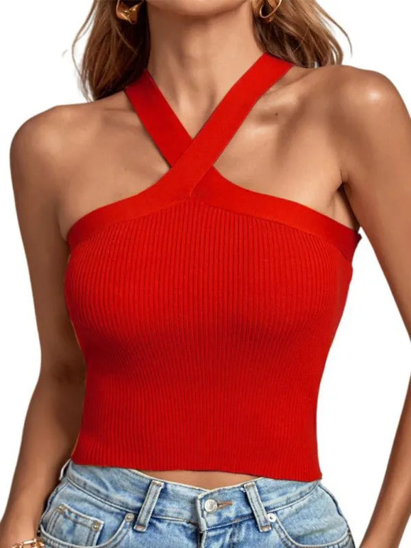 Toleet-Winter outfits New style cross hanging neck strap small vest knitted backless bandage tube top sweater