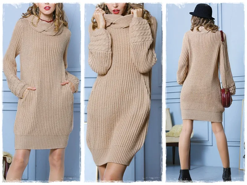 Twist Turtleneck Solid Pockets Puff Sleeve Sweater Dress