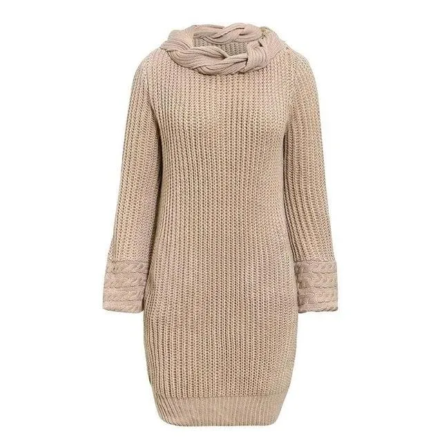 Twist Turtleneck Solid Pockets Puff Sleeve Sweater Dress