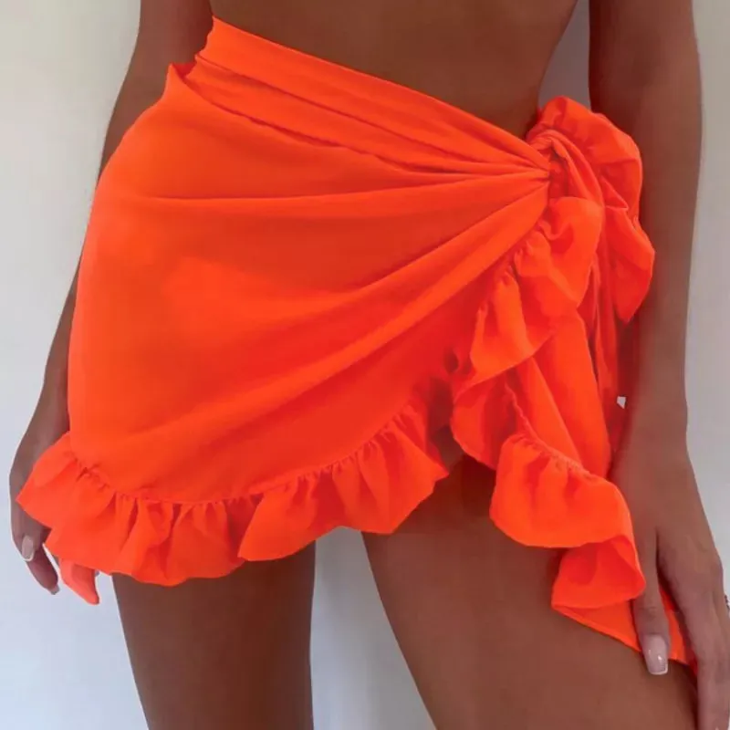 Uniwim 2024 Mesh Mini Ruffle Skirts Women Cover Up Tassel Dress Bikini Solid Bathing Skirt Women Swimwear Pareo Scarf Beachwear Wrap