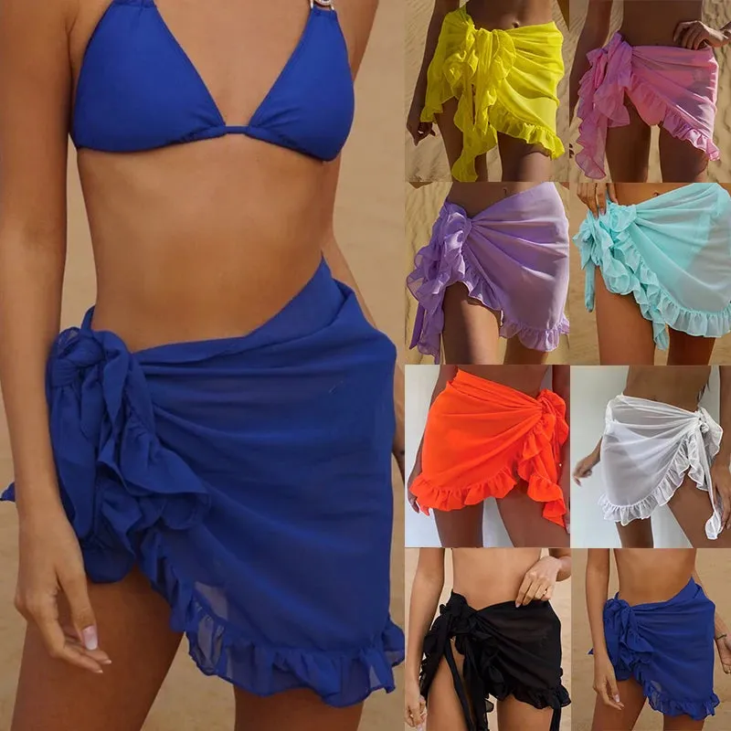 Uniwim 2024 Mesh Mini Ruffle Skirts Women Cover Up Tassel Dress Bikini Solid Bathing Skirt Women Swimwear Pareo Scarf Beachwear Wrap