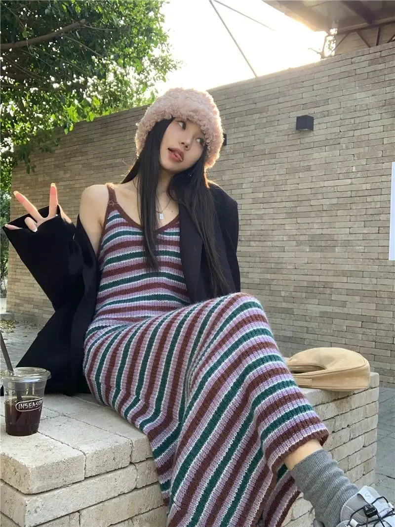 V-neck striped sling skirt vintage knitted dress long skirt women's fashion temperament skirt