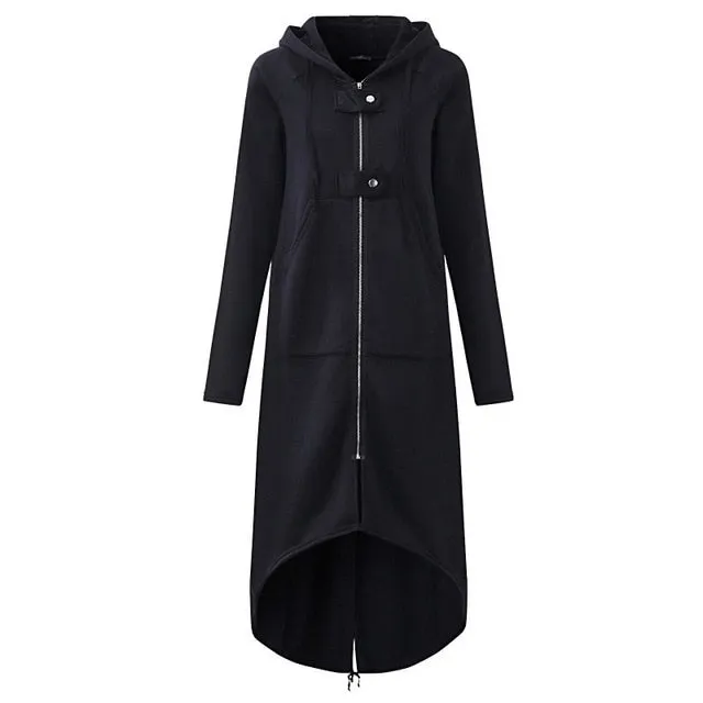 VenusFox Plus Size Long Sleeve Black Zipper Hooded Trench Coat