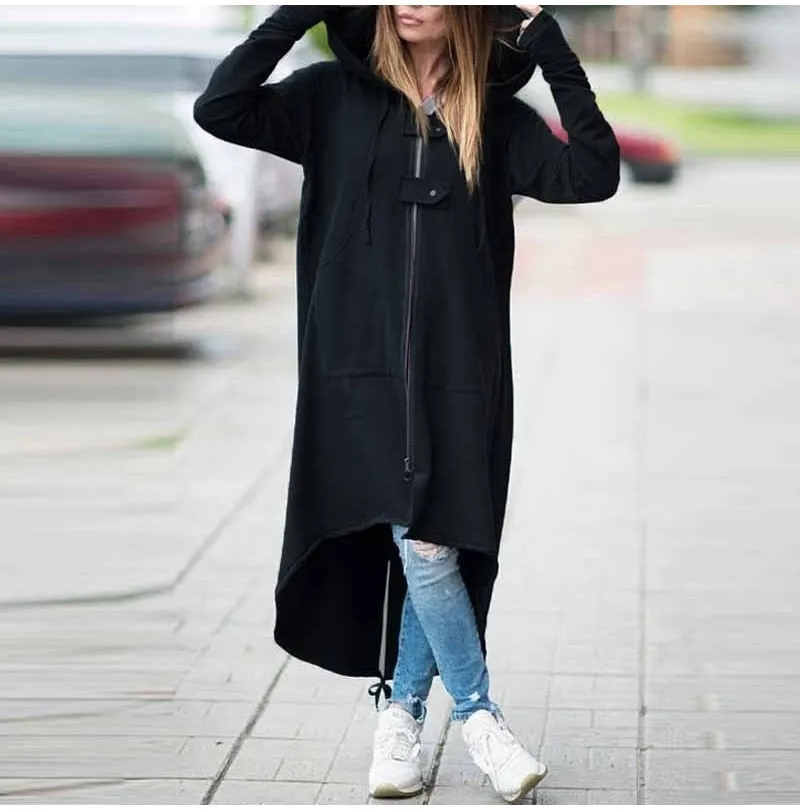 VenusFox Plus Size Long Sleeve Black Zipper Hooded Trench Coat