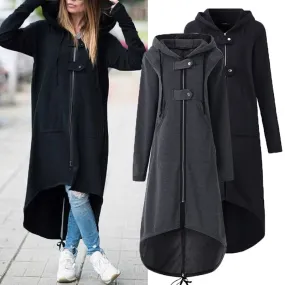 VenusFox Plus Size Long Sleeve Black Zipper Hooded Trench Coat