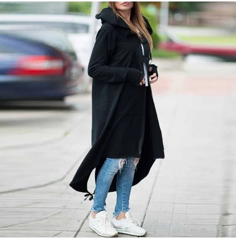 VenusFox Plus Size Long Sleeve Black Zipper Hooded Trench Coat