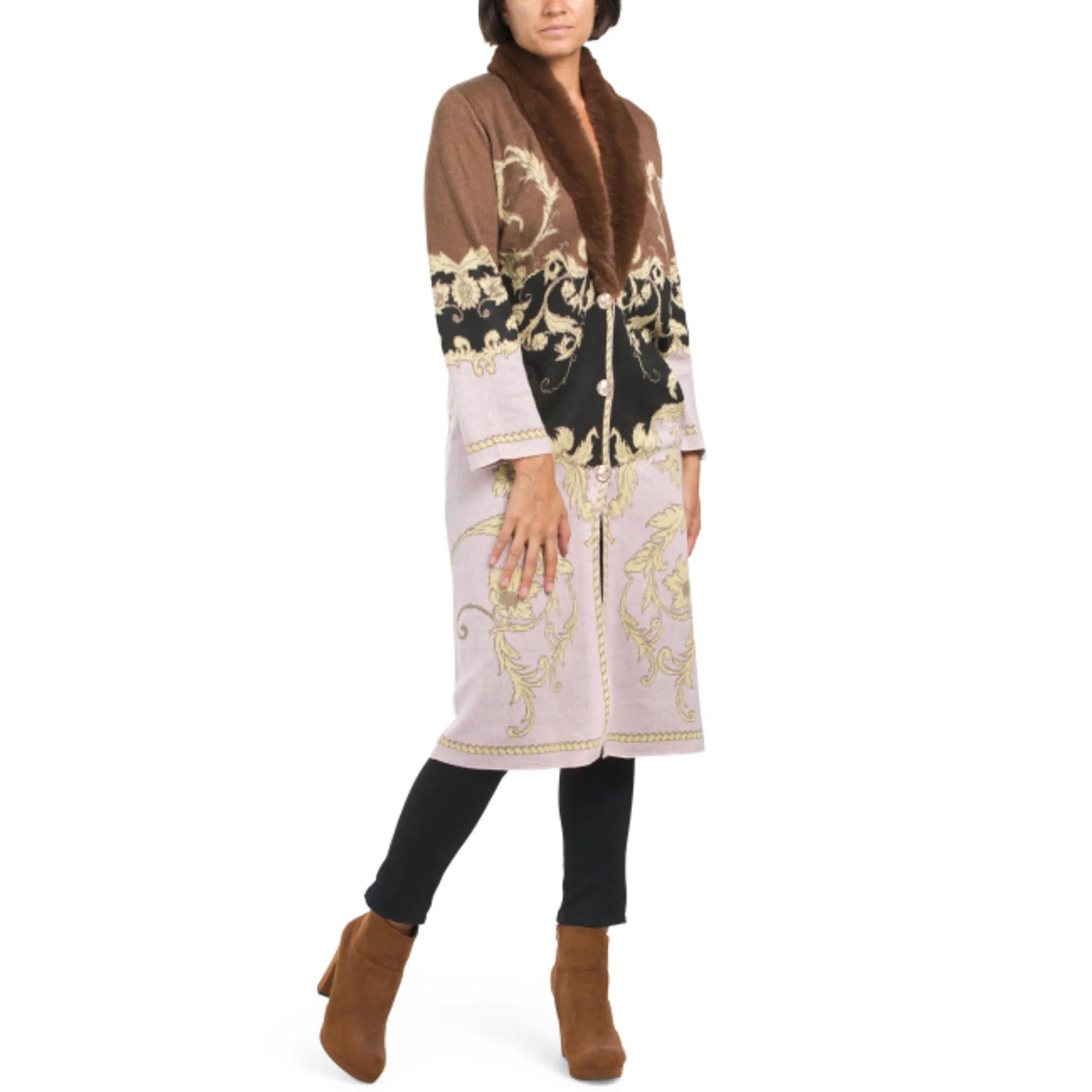 VERTIGO Women's Ornate Sunflower Intersia Button Front Knit Duster Coat