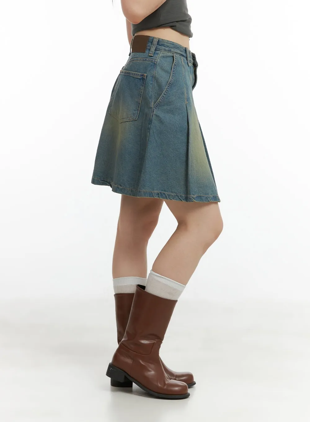 Washed Pleated Midi Denim Skirt CL422