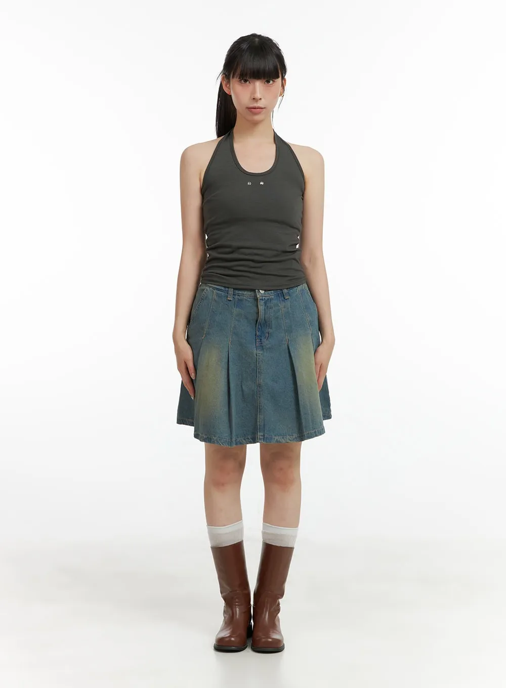 Washed Pleated Midi Denim Skirt CL422