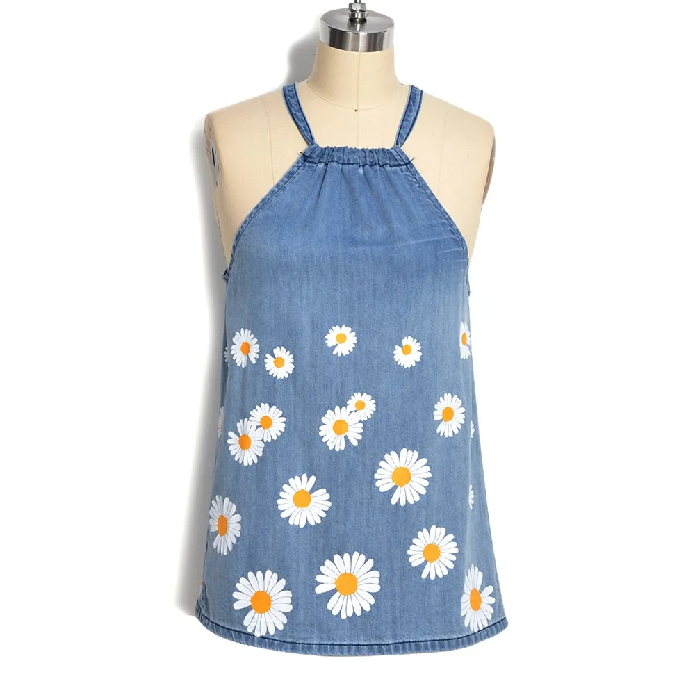 Wenkouban Womens Summer Daisy Tank Halter Neck Bandage Sexy Vest Long Camisole Sleeveless Sunflower Print Denim Women Blouse Tops T-Shirts