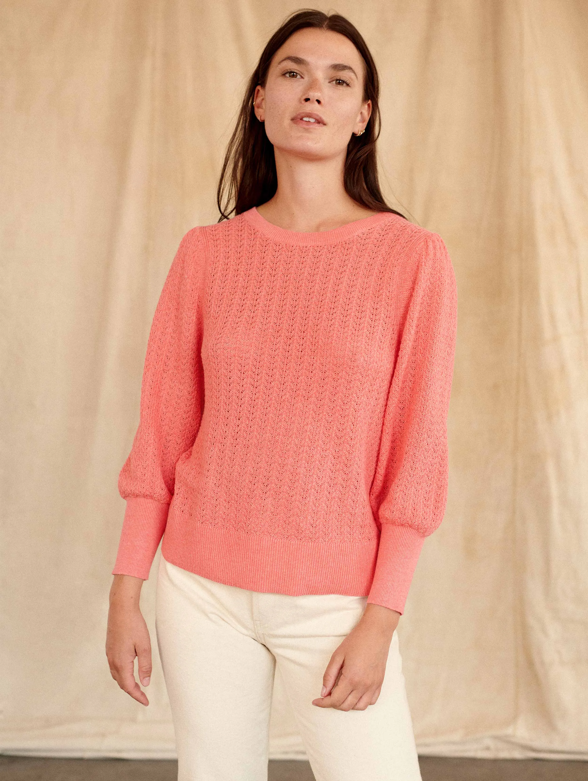 White   Warren - Cotton Puff Sleeve Stitchy Crew Neck Sweater in Summer Coral