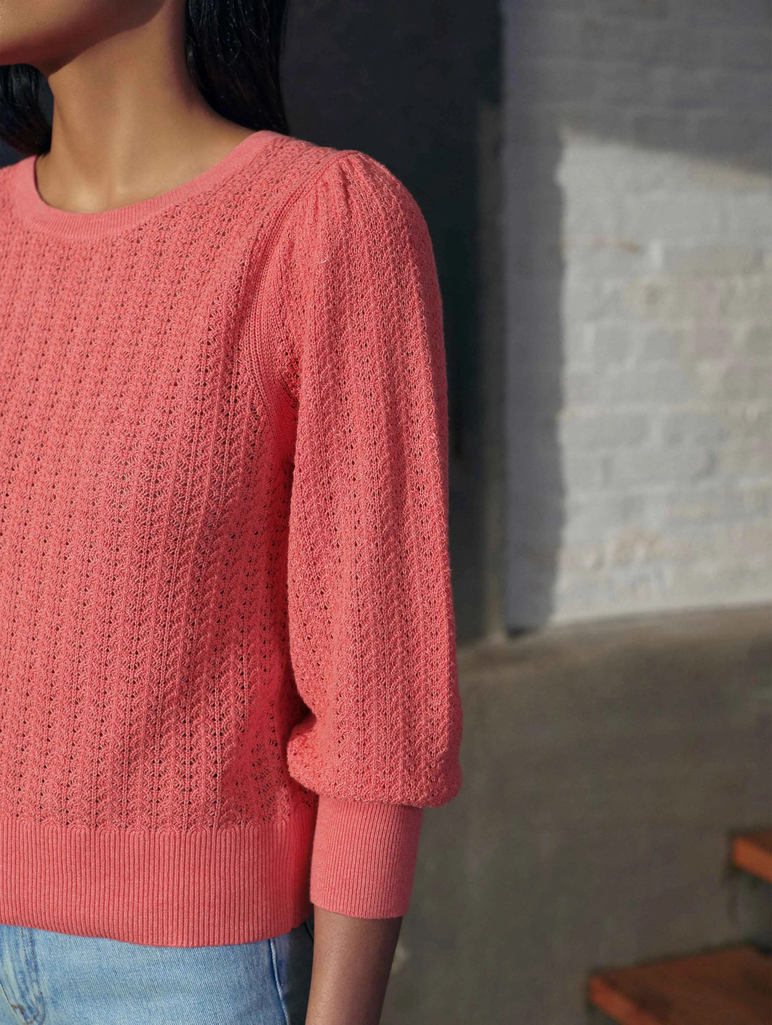 White   Warren - Cotton Puff Sleeve Stitchy Crew Neck Sweater in Summer Coral