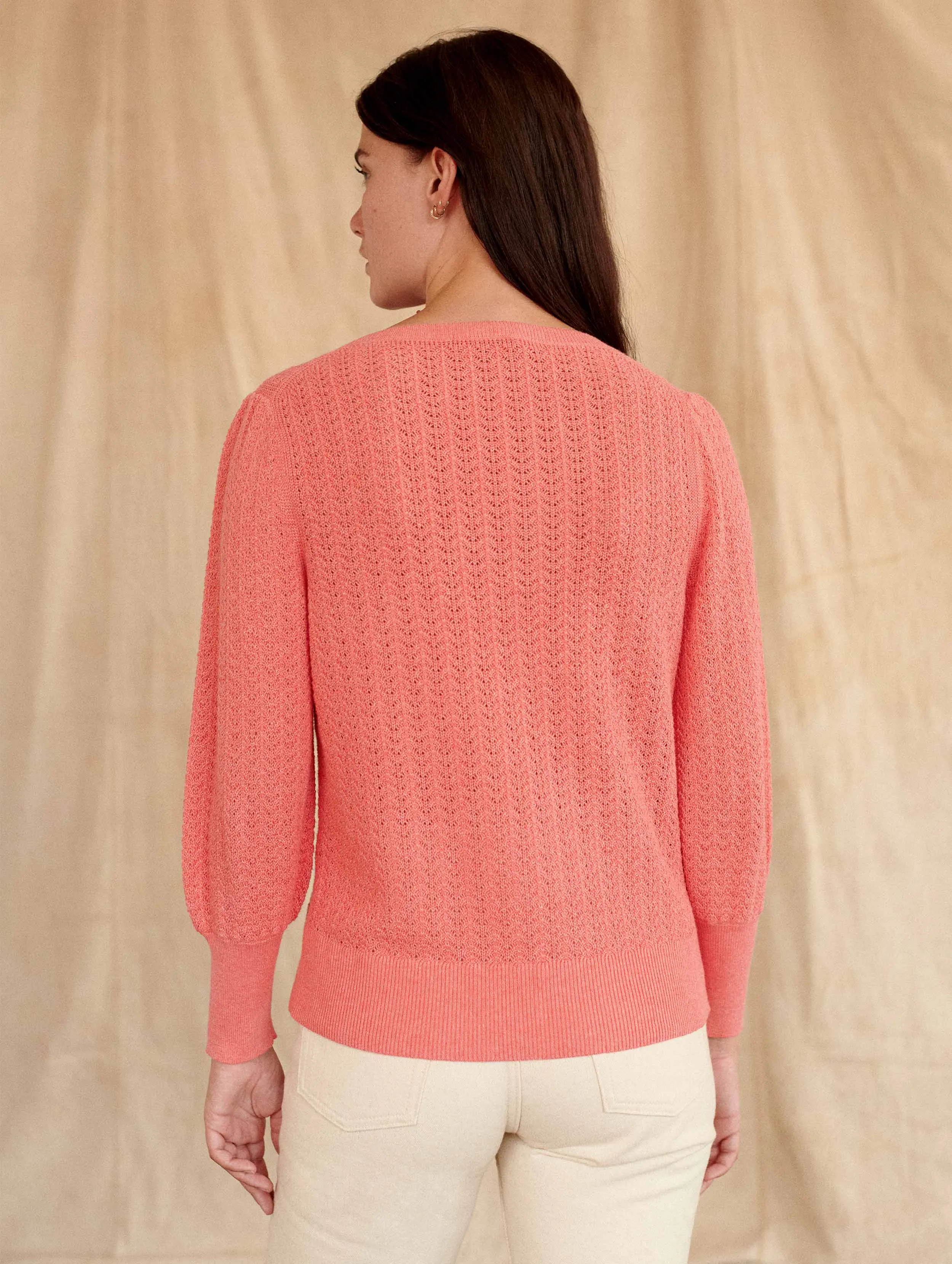 White   Warren - Cotton Puff Sleeve Stitchy Crew Neck Sweater in Summer Coral