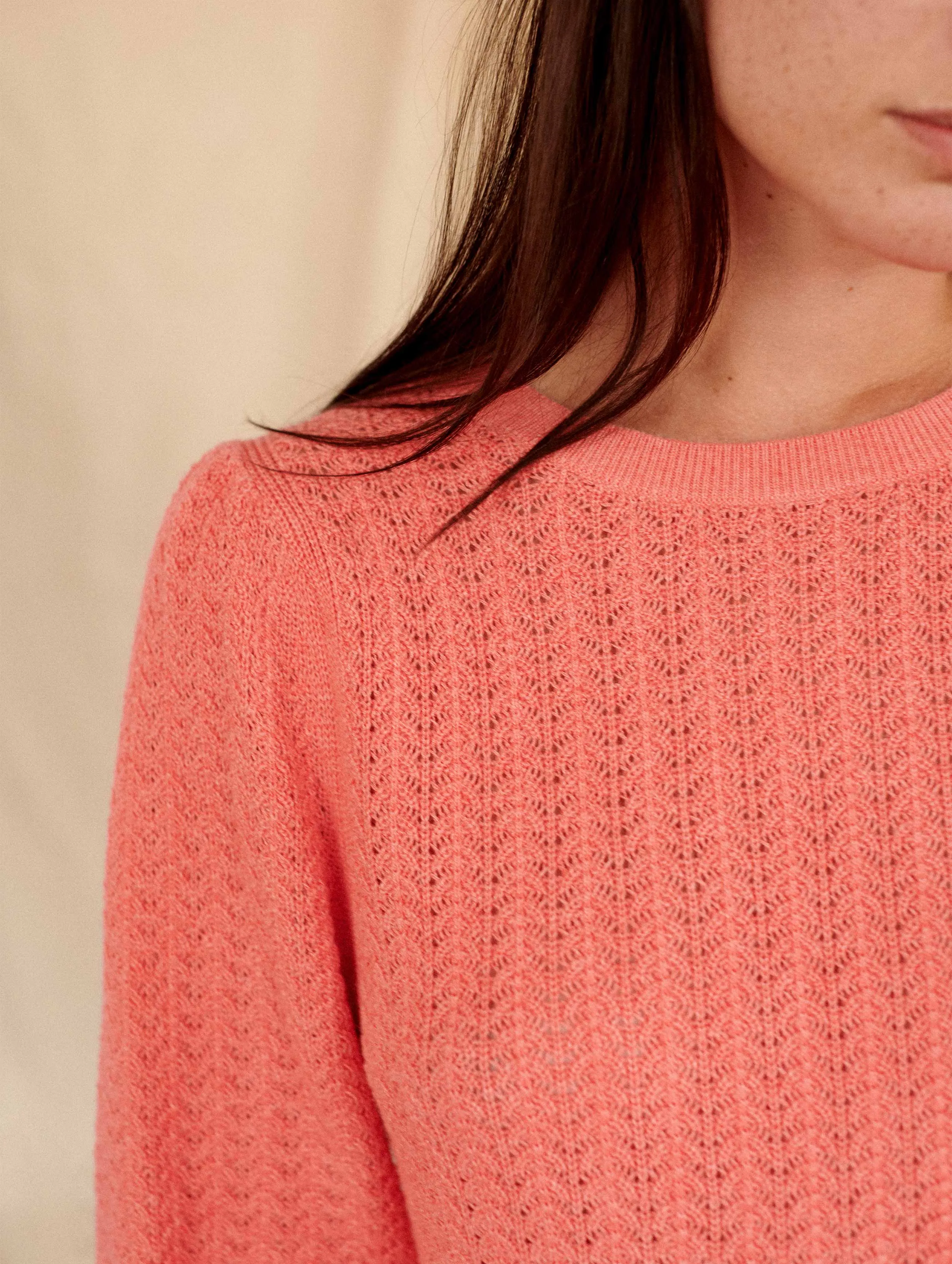 White   Warren - Cotton Puff Sleeve Stitchy Crew Neck Sweater in Summer Coral