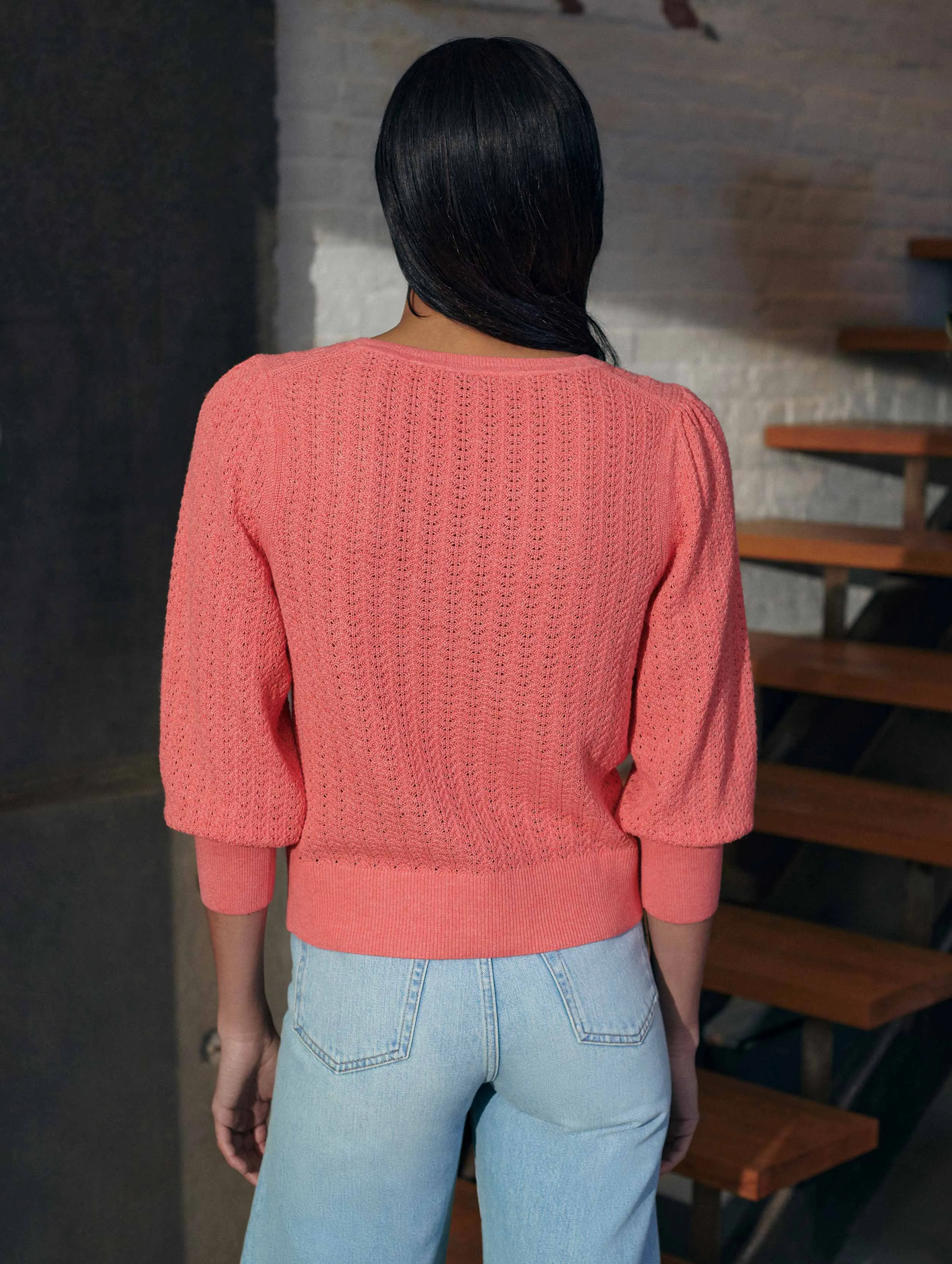 White   Warren - Cotton Puff Sleeve Stitchy Crew Neck Sweater in Summer Coral