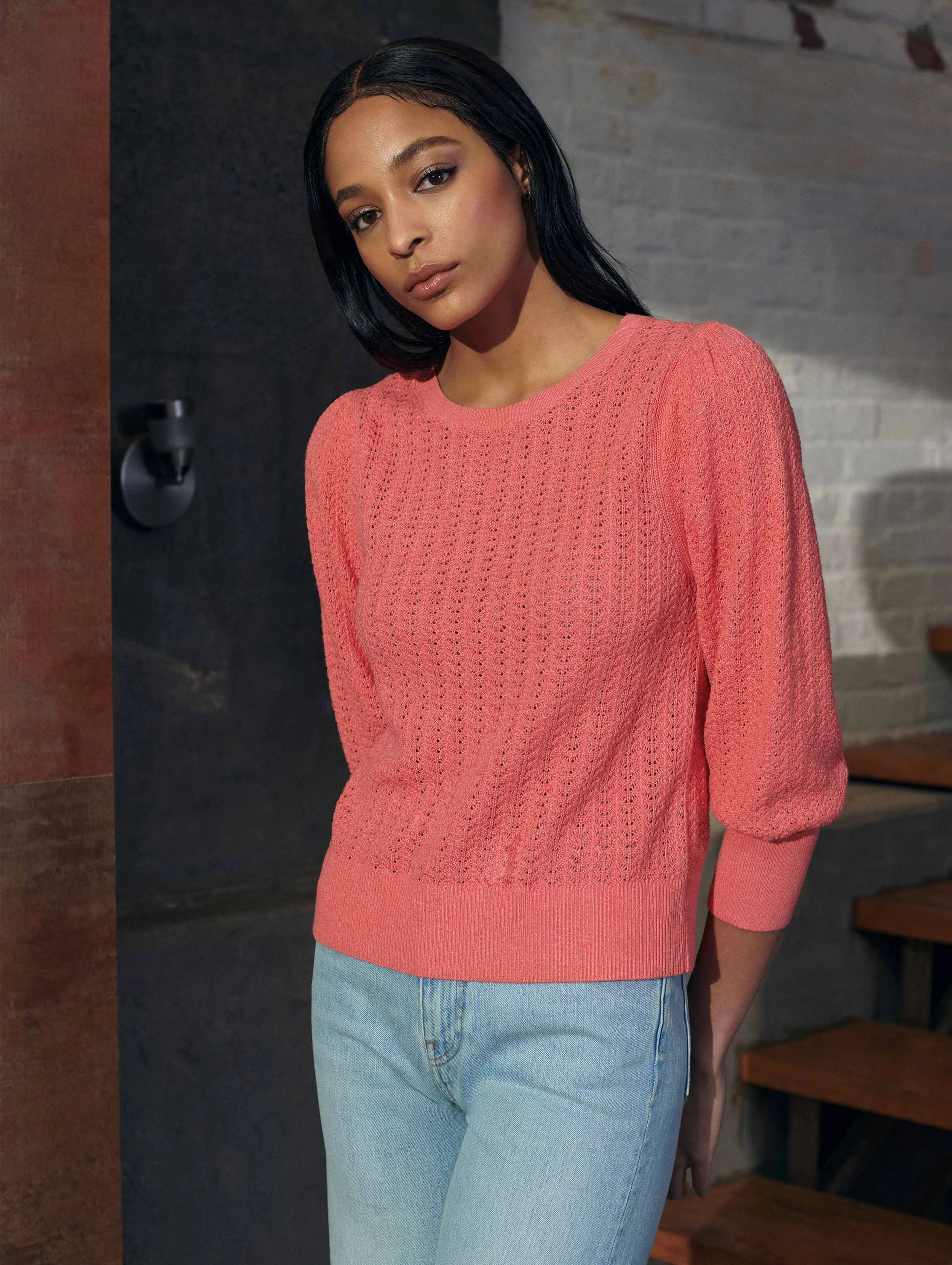 White   Warren - Cotton Puff Sleeve Stitchy Crew Neck Sweater in Summer Coral