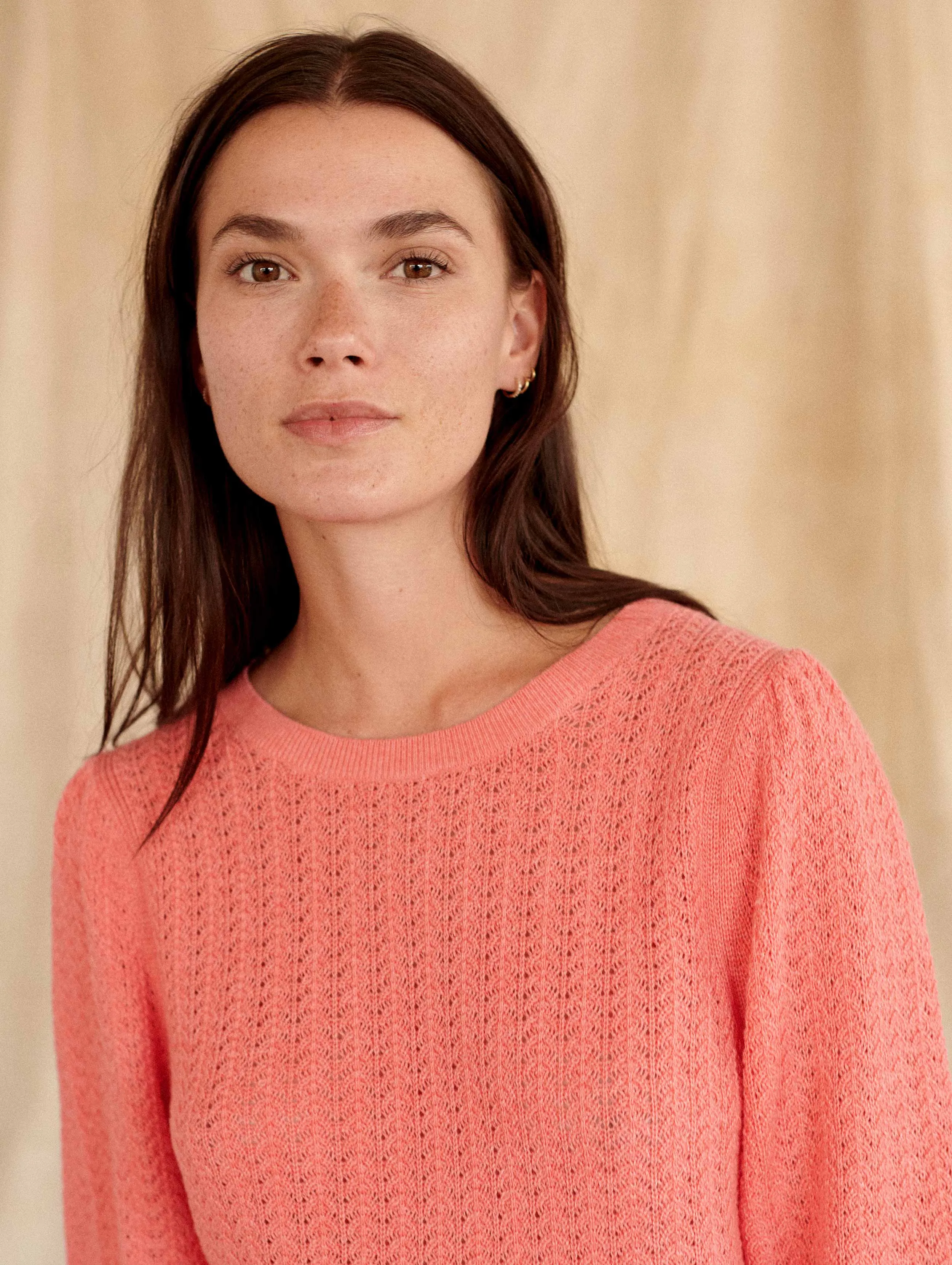 White   Warren - Cotton Puff Sleeve Stitchy Crew Neck Sweater in Summer Coral