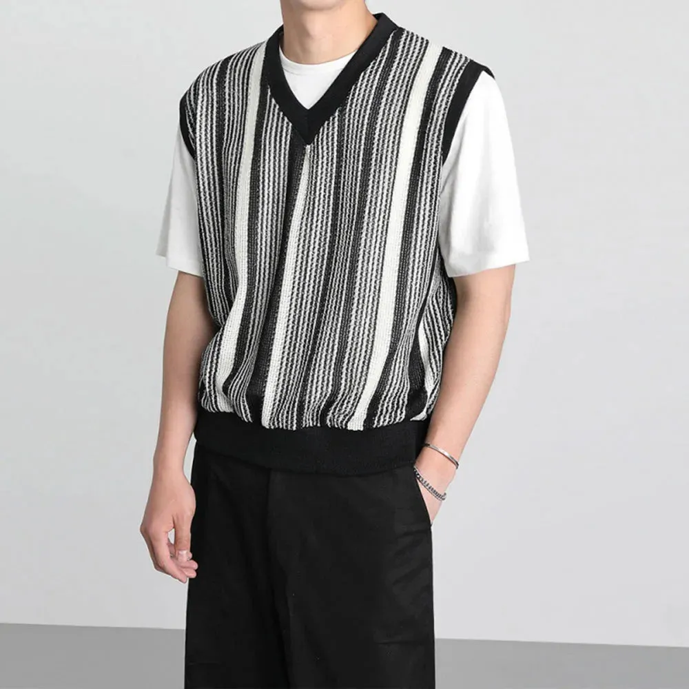 Wiaofellas Summer Knitted Vest Men's Korean Version Loose Pullover V Neck Tank Tops Striped Design Trend Sleeveless Tops Waistcoat Sweater