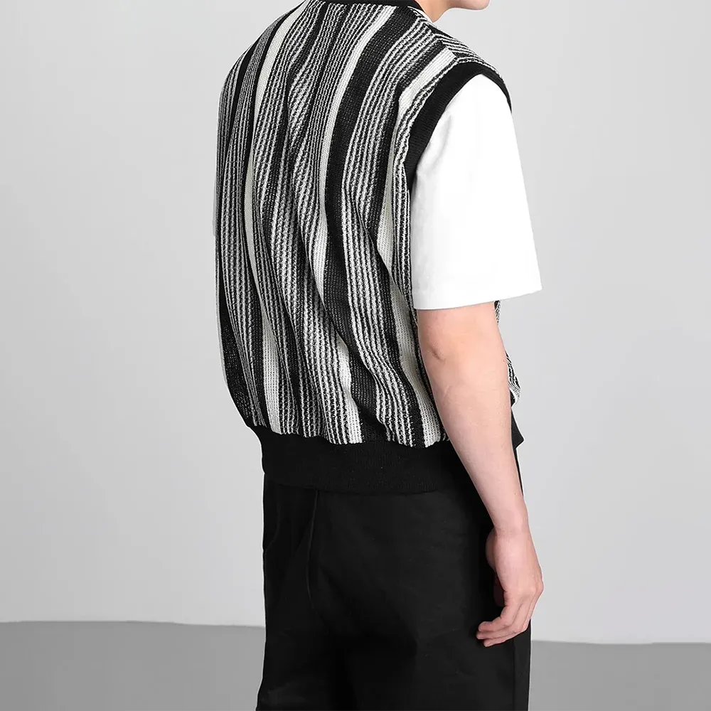 Wiaofellas Summer Knitted Vest Men's Korean Version Loose Pullover V Neck Tank Tops Striped Design Trend Sleeveless Tops Waistcoat Sweater