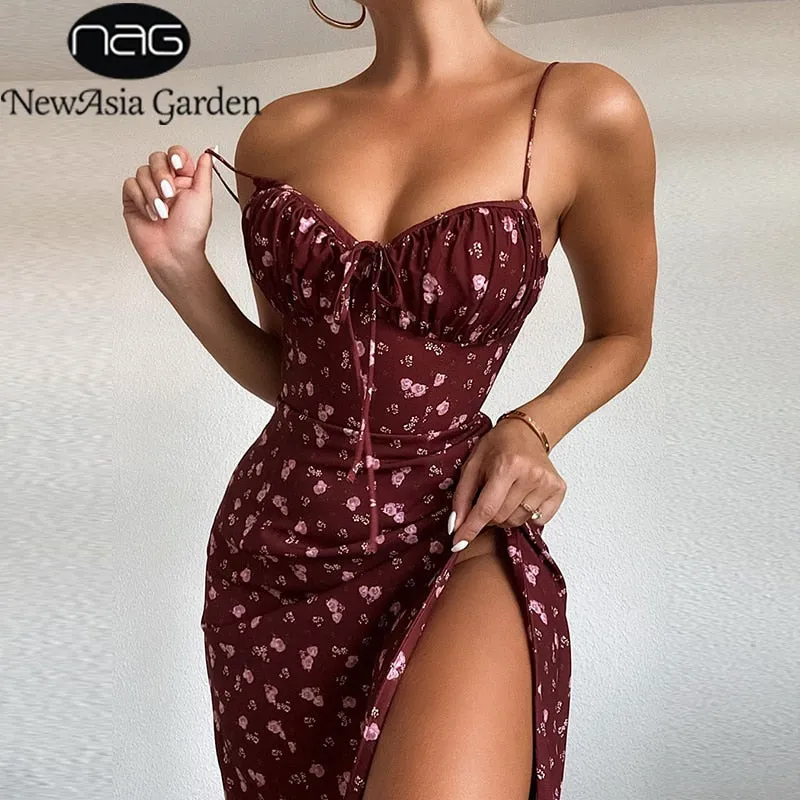 Wine Floral Dress Women Prairie Chic Spaghetti Straps Backless Chest Draped Lace Up Side Split Sexy Long Dresses 2021