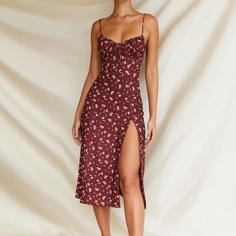 Wine Floral Dress Women Prairie Chic Spaghetti Straps Backless Chest Draped Lace Up Side Split Sexy Long Dresses 2021