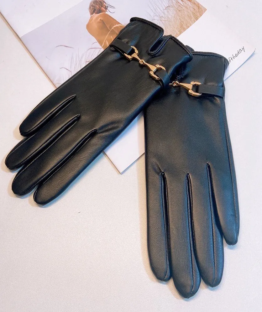 Winter Leather Gloves Women PU Leather Gold Buckle