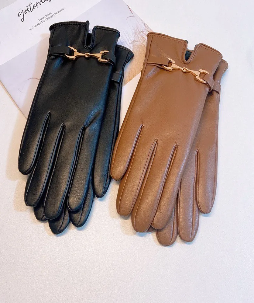 Winter Leather Gloves Women PU Leather Gold Buckle