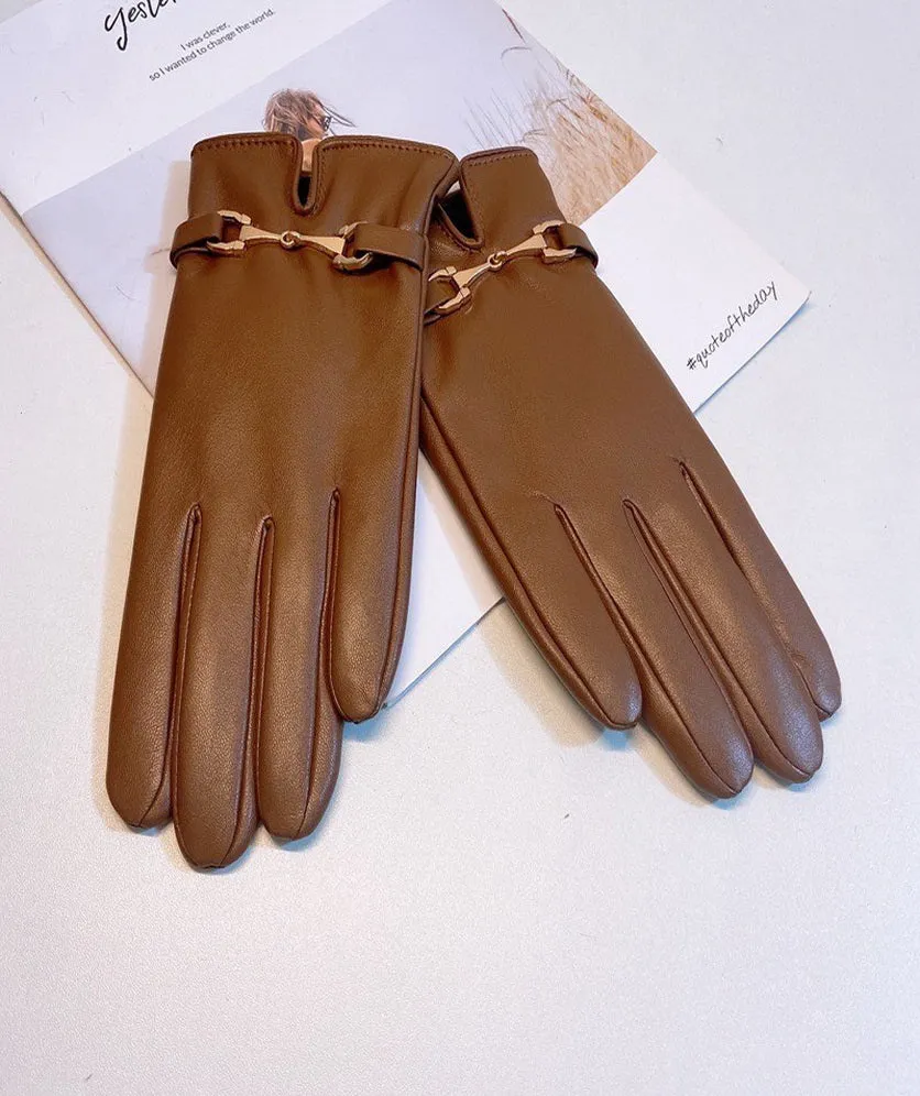 Winter Leather Gloves Women PU Leather Gold Buckle