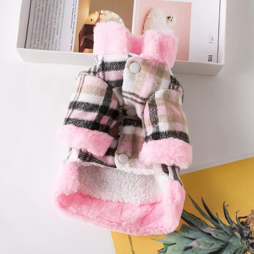 Winter Pet Jacket Clothes Grid Warm Small Dogs Clothing With Fur Collar Cotton Pet Outfits